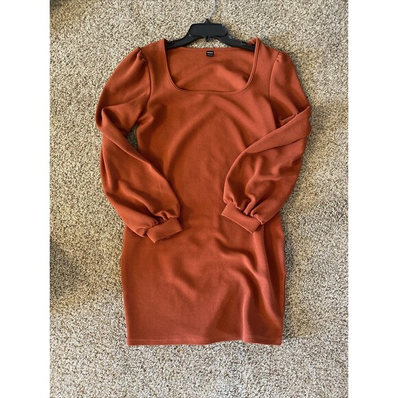 SHEIN Scoop Neck Lantern Sleeve Bodycon Dress Size Large Rust Brown - Picture 5 of 5